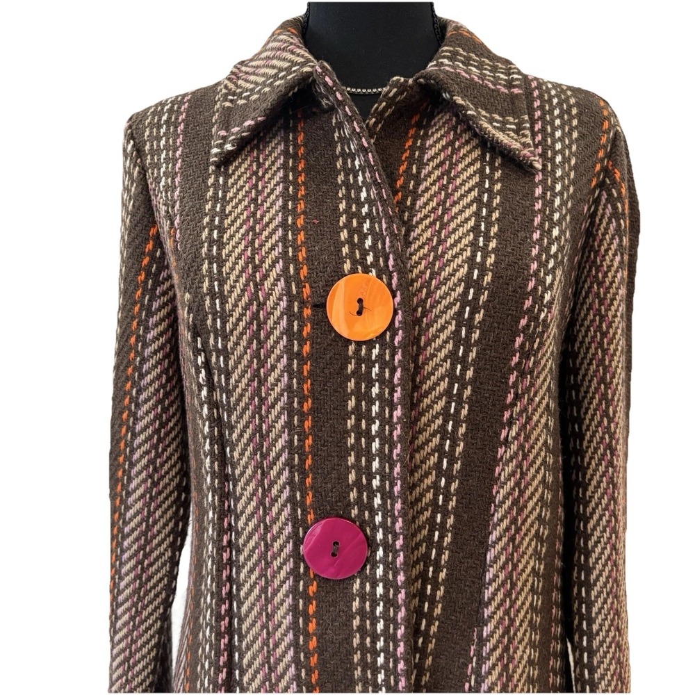 Karlie Striped Brown Coat Colorblock Buttons Textured Woven Size Large